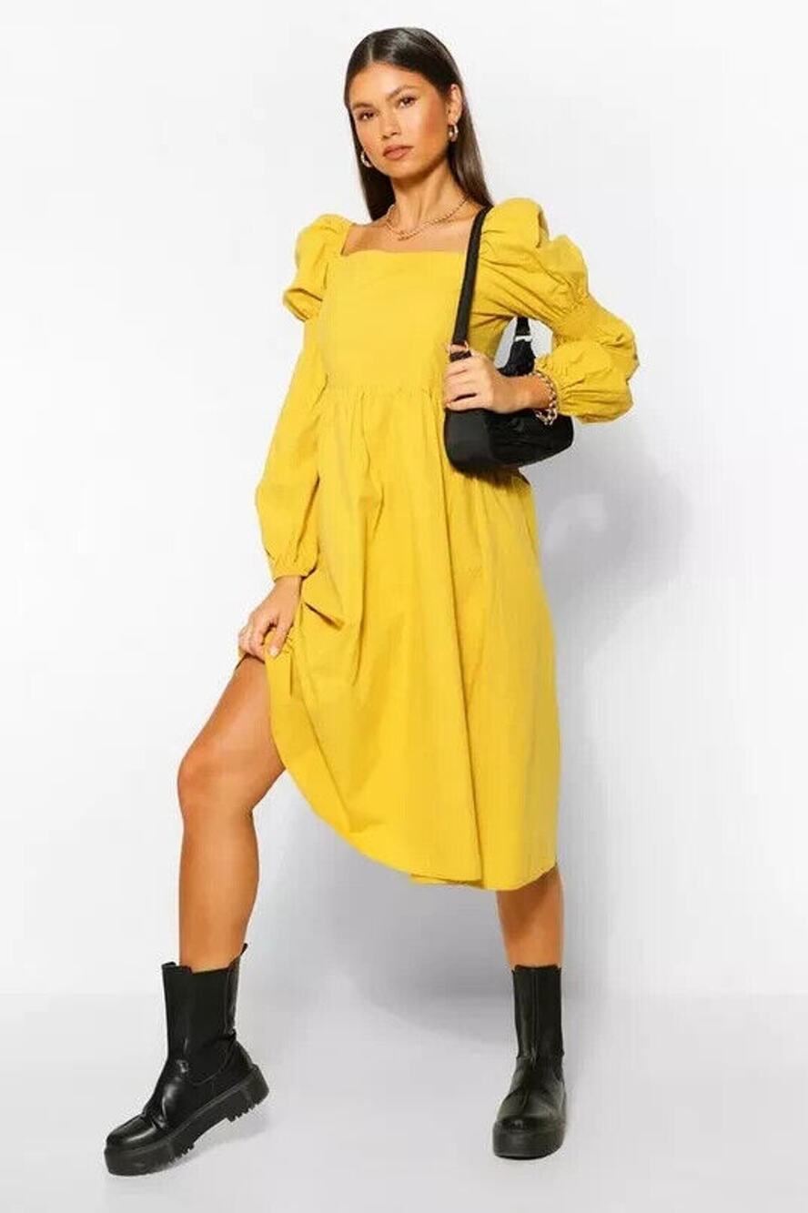 Boohoo Midi Skater Dress Womens 10 Mustard Square Neck Long Puff Shirred Sleeve